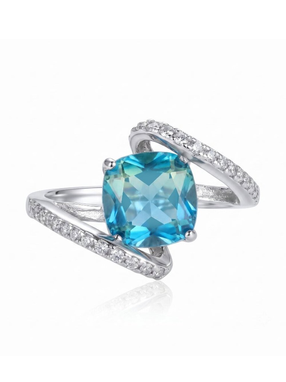 Blue & Teal Aquamarine Square Cushion cut Gemstone ring, 925 Sterling Silver